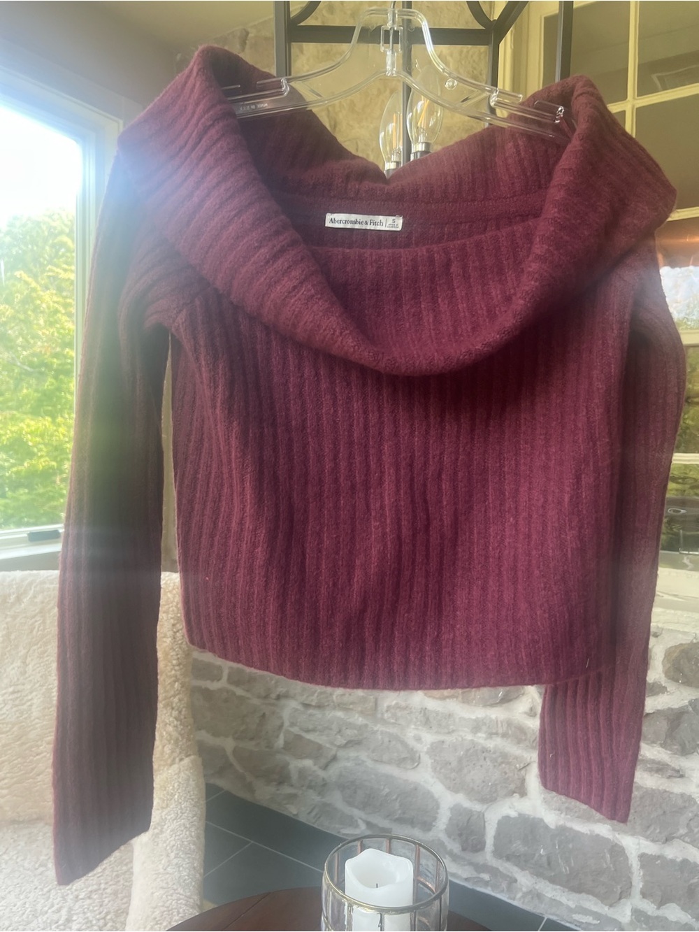 Abercrombie & Fitch Wine Ribbed Off-Shoulder Sweater
